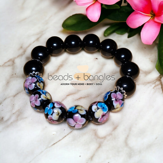 Black Obsidian and Glass Lampwork Bead Bracelet