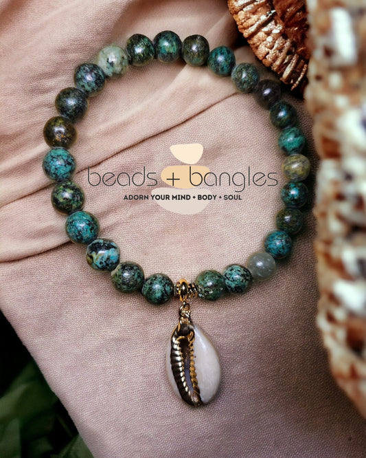 African Turquoise Bracelet w/Cowry Shell Charm