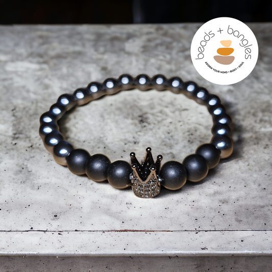 Men's Hematite and Matte Black Onyx Bracelet w/Black Crown