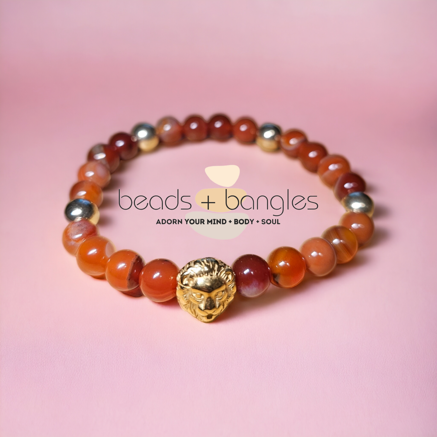 Carnelian Bracelet w/Gold Lion's Head Charm