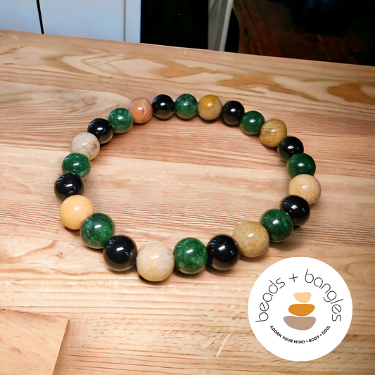 Black Tourmaline, Gold Rutilated Quartz, and Green Jade Bracelet