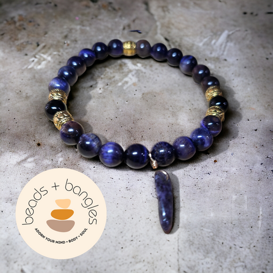 Purple Tiger's Eye and Black Tourmaline Bracelet w/Amethyst Dangle Charm