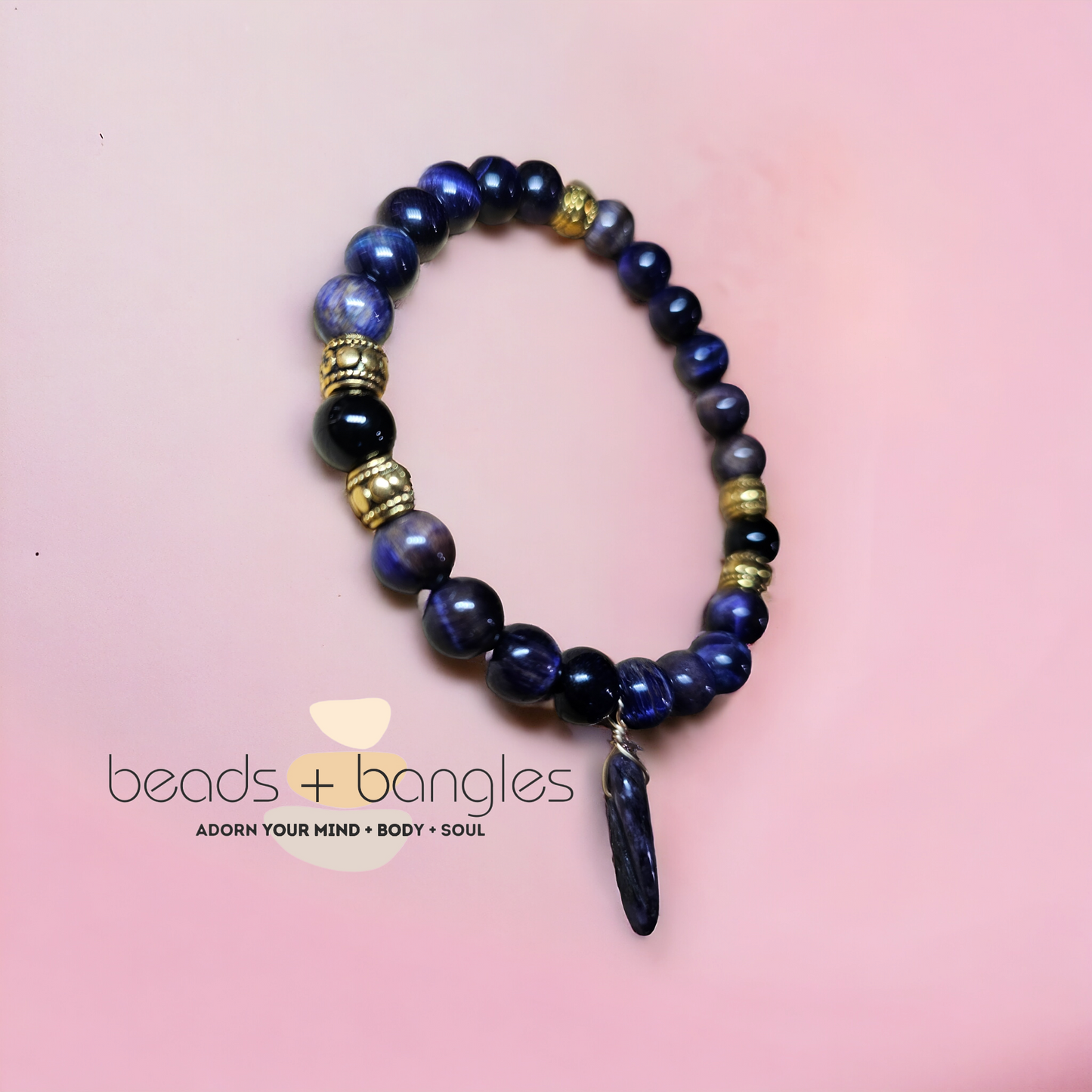 Purple Tiger's Eye and Black Tourmaline Bracelet w/Amethyst Dangle Charm