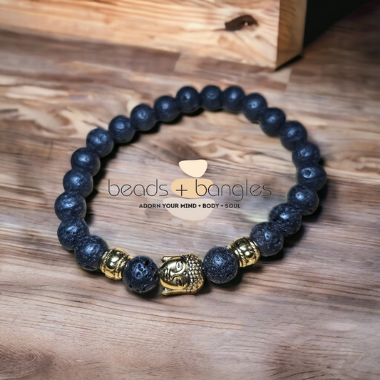 Men's Lava Rock Bracelet w/ Gold Buddha Charm