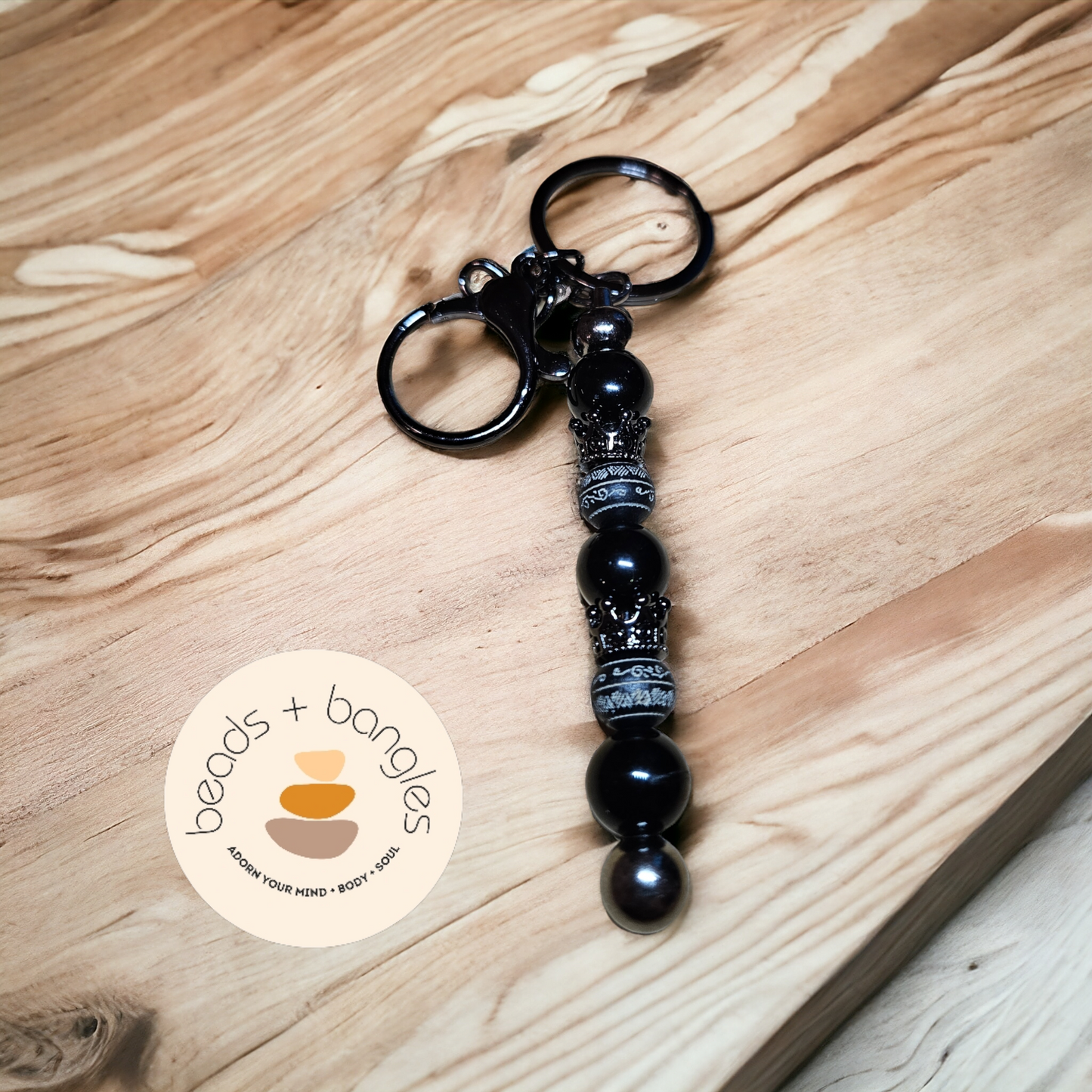 Black Obsidian and Natural Wood Keychain w/Black Metallic Crown