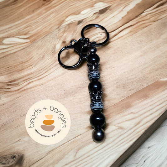 Black Obsidian and Natural Wood Keychain w/Black Metallic Crown