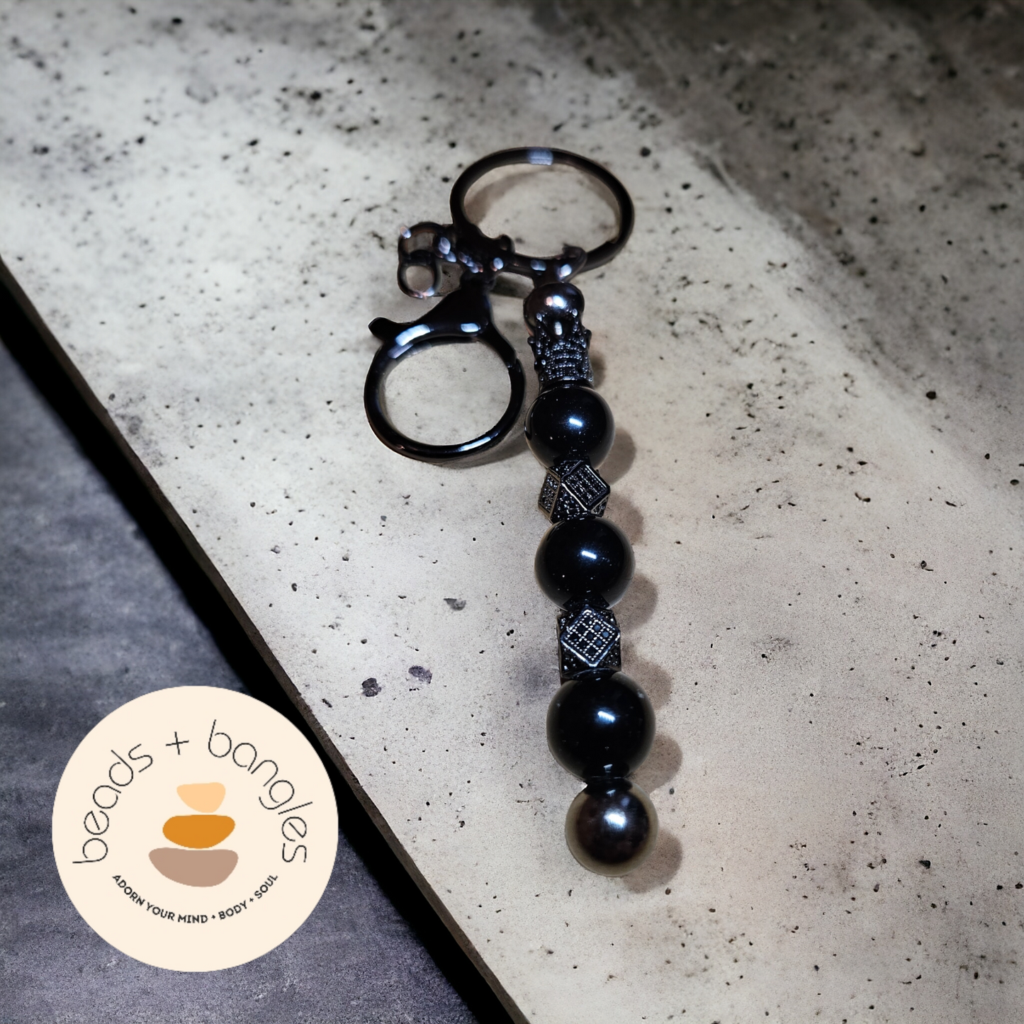 Black Obsidian Keychain w/Black Metallic Accents