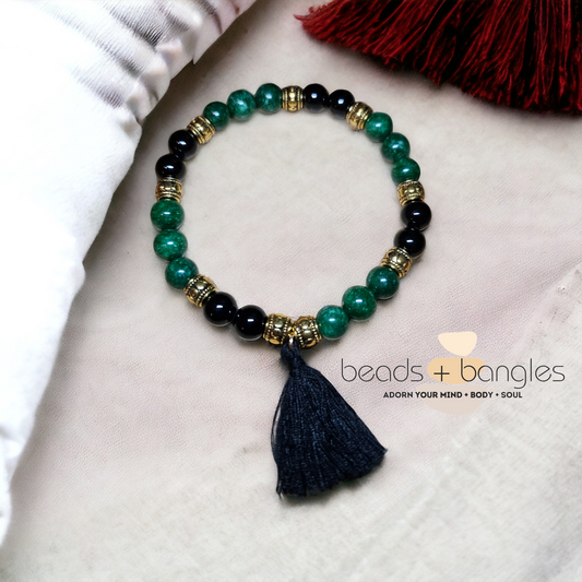 Green Jade and Black Obsidian Mala Style Bracelet