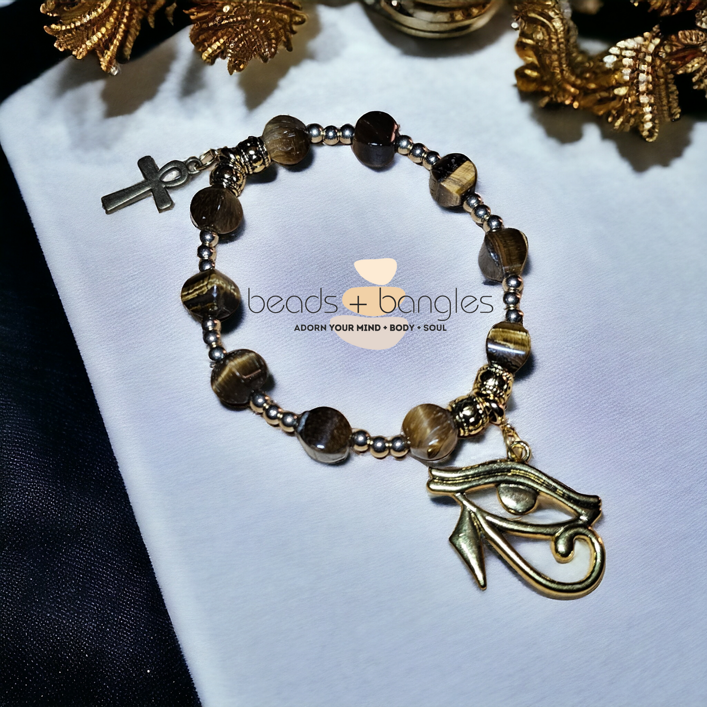 Yellow Tiger's Eye Bracelet w/Golden Eye of Heru and Brass Ankh Charms