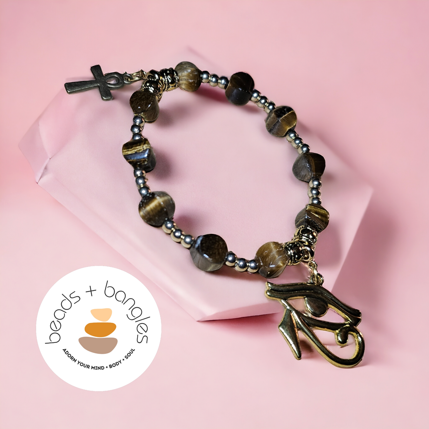 Yellow Tiger's Eye Bracelet w/Golden Eye of Heru and Brass Ankh Charms