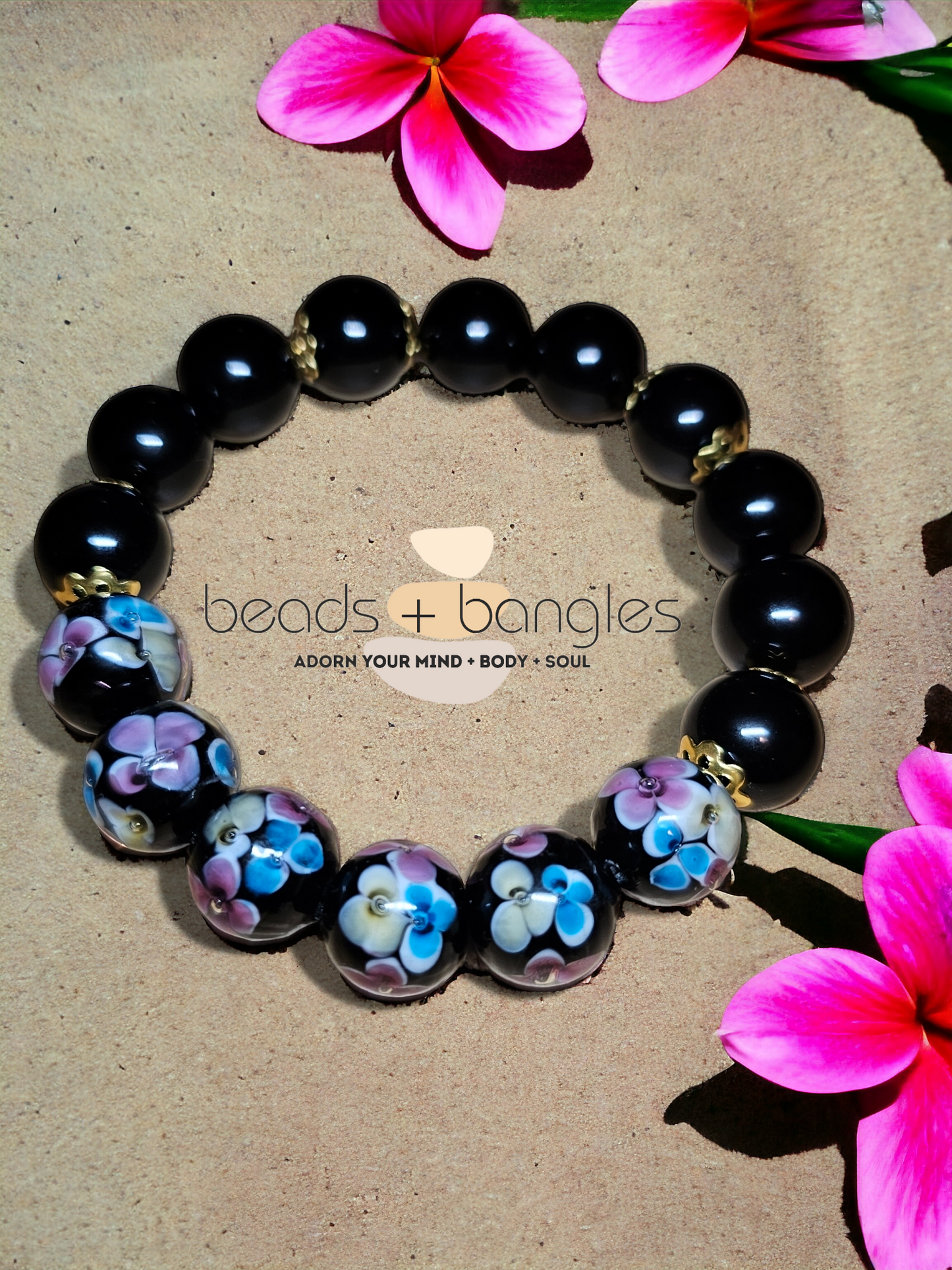 Black Obsidian Bracelet w/Glass Lampwork Beads