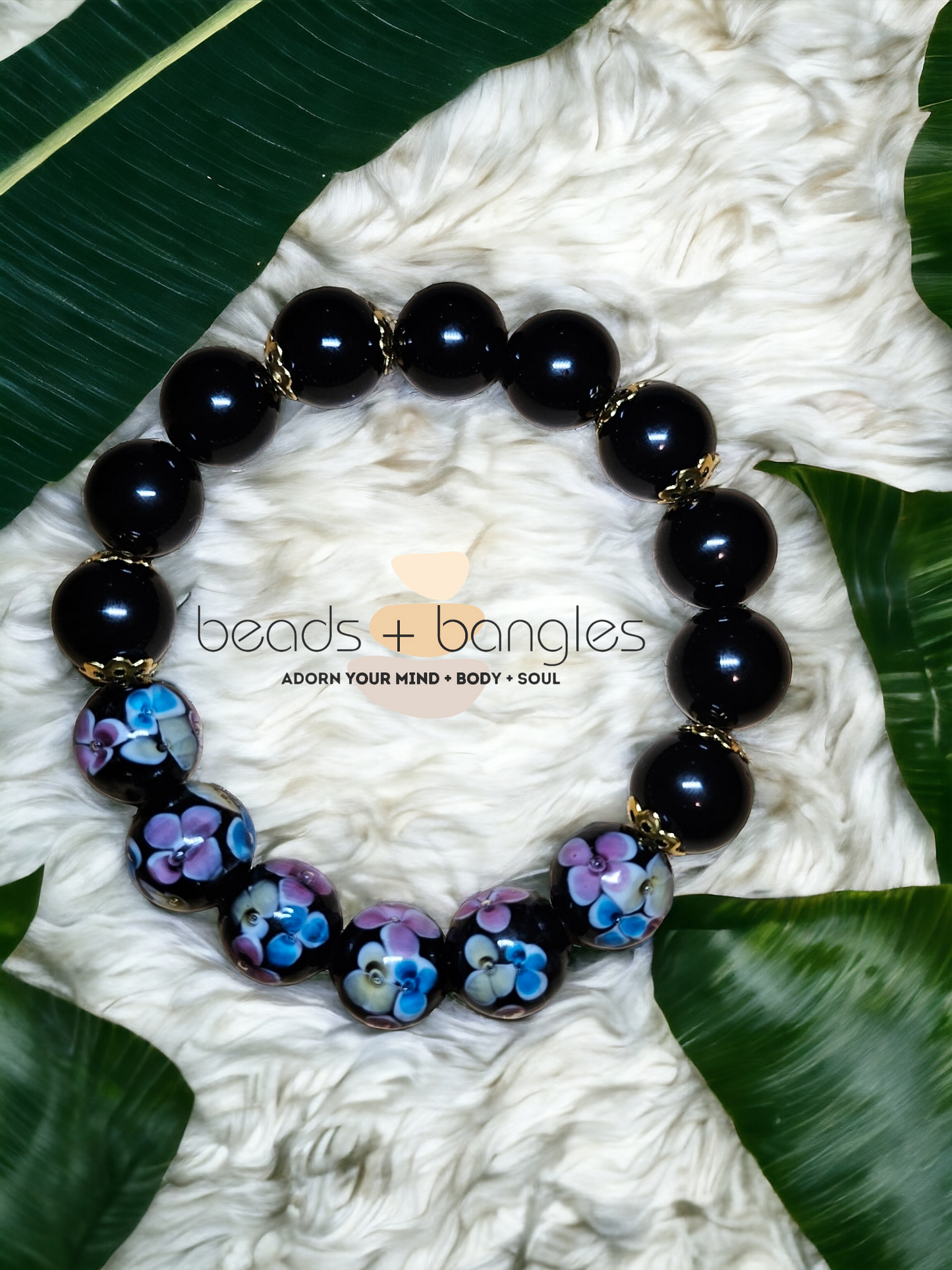 Black Obsidian Bracelet w/Glass Lampwork Beads