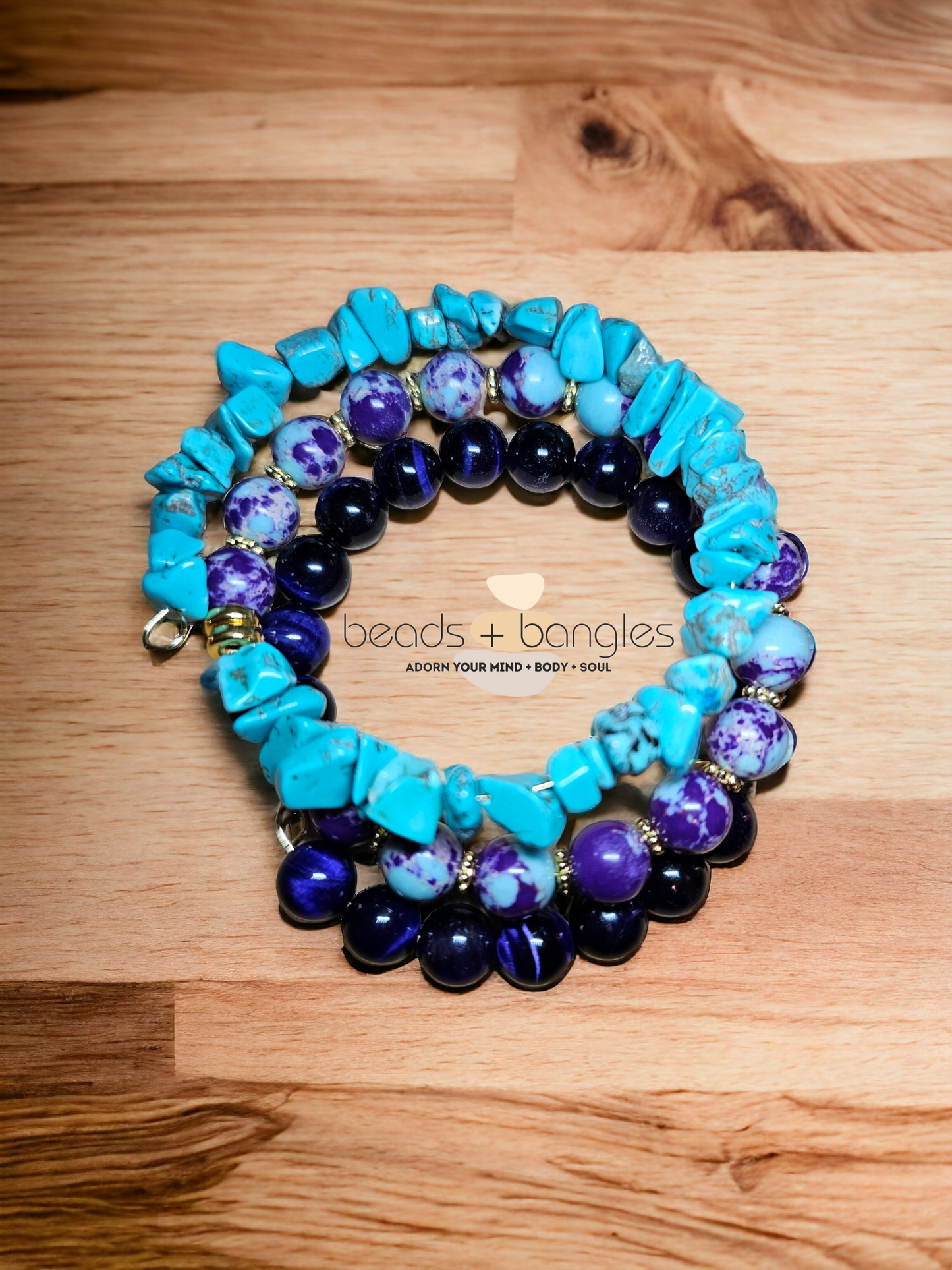 Turquoise, Purple Imperial Jasper, and Purple Tiger's Eye Stacked Bracelet